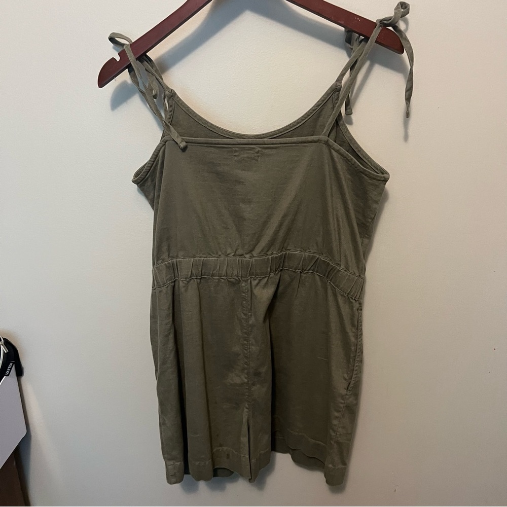UpWest Army green linen blend romper adj tie shoulders comfy summer shorts 1 pc